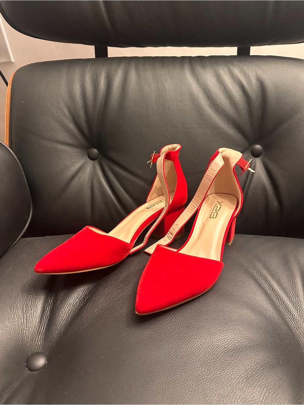 Red Pointed-Toe D'Orsay Ankle Strap Heels